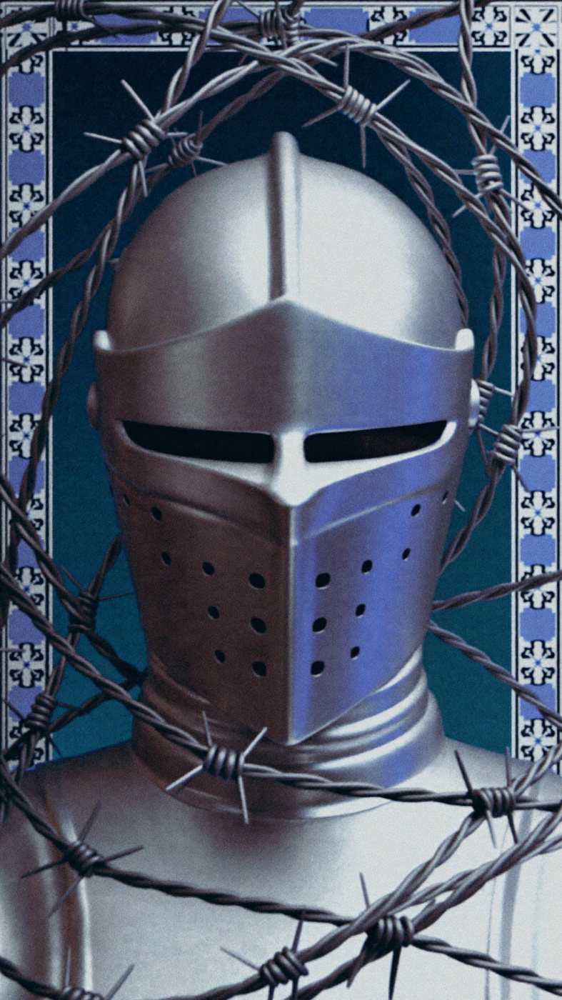 A knight’s helmet wrapped in barbed wire