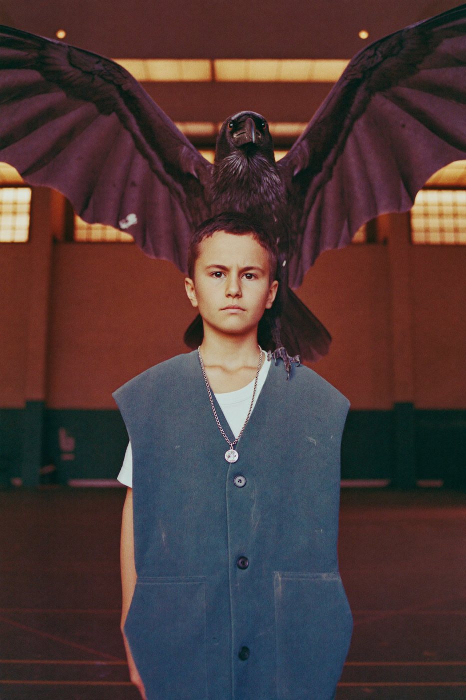 A boy with a raven’s wings behind him