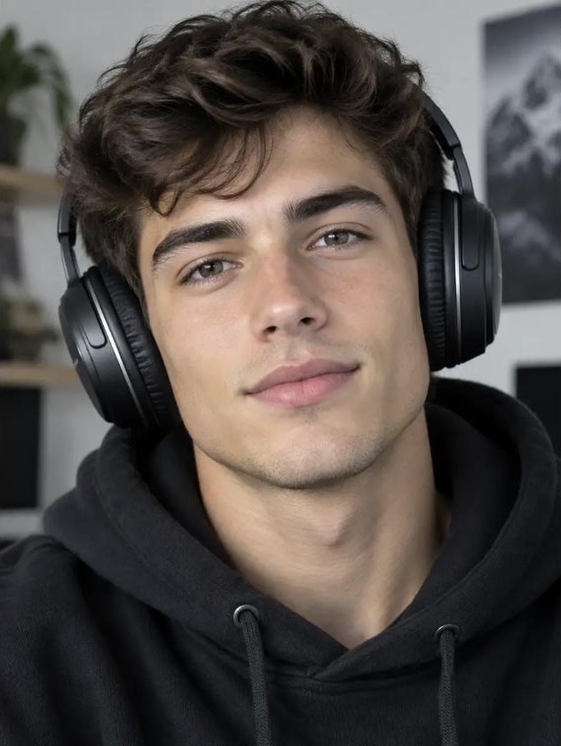 Looks like AI: a young man in headphones and a hoodie, skin too smooth, face too perfect.