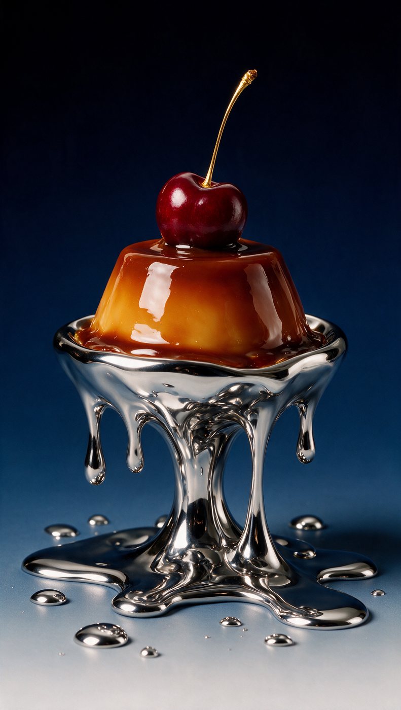 A chrome flan with a cherry on top, melting into a pool of liquid metal