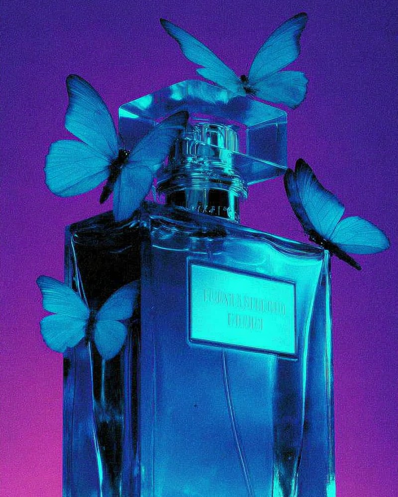 A blue perfume bottle with butterflies resting on it, under violet light