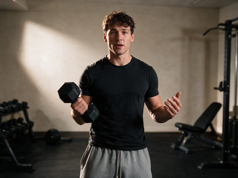 A creator in a gym talking to camera, holding a dumbbell